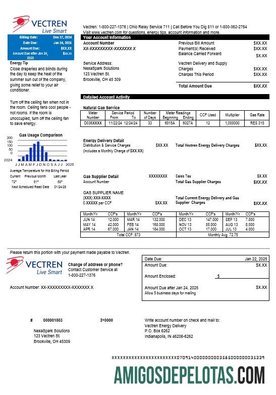 imprimível Modelo de conta de serviços públicos de energia Vectren dos EUA Ohio em formatos Word e PDF